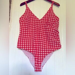 ASOS Cheeky Cut One Piece Plus Sz Swimsuit, orange/red gingham, adj straps.
